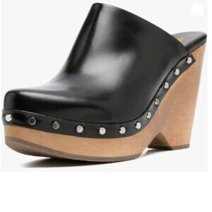 FYS Black Round Toe Slip on Mules Rivet Studded High Heel Wedges Party Shoes